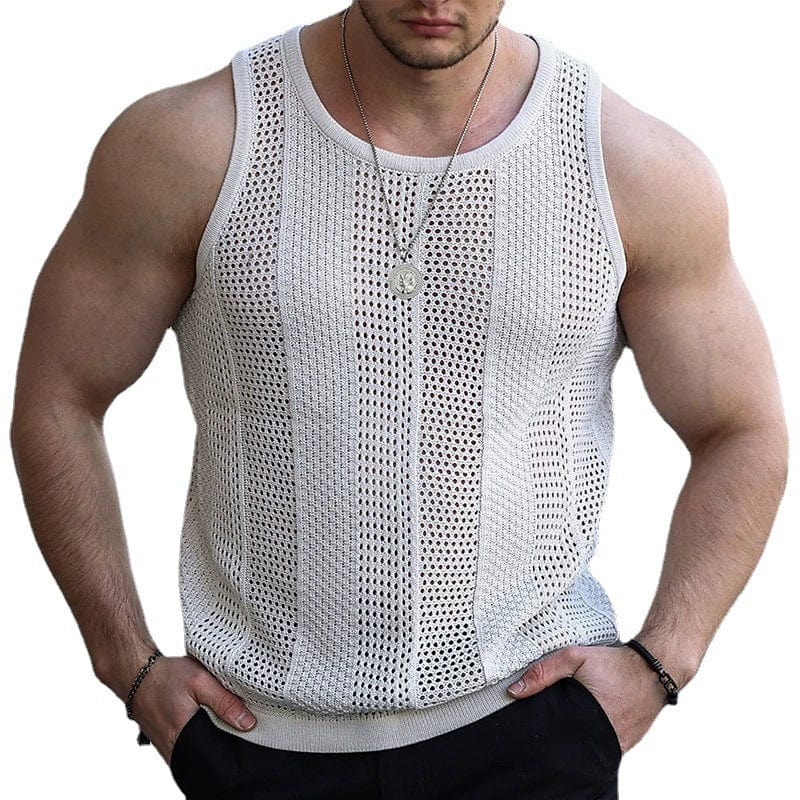 Summer 2024 Export Men's Clothing Fashion White Mesh Knitting Vest Thin Silm Sleeveless Bottoming Shirt Men Vest - SHOWLU FASHION STORE