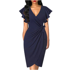 Summer Elegant Bodycom Dress Lady V - Neck Petal Sleeve Dress Solid Color Pleated Work Robe Clothes - SHOWLU FASHION STORE