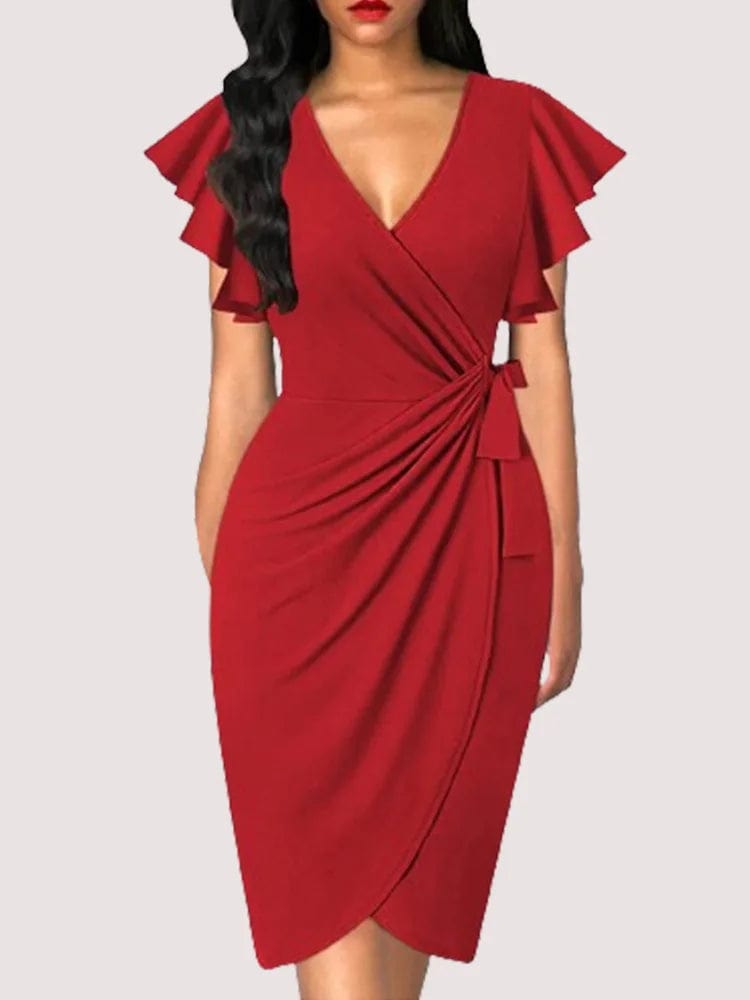 Summer Elegant Bodycom Dress Lady V - Neck Petal Sleeve Dress Solid Color Pleated Work Robe Clothes - SHOWLU FASHION STORE
