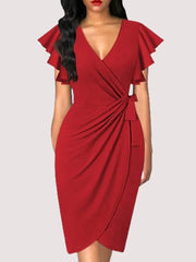 Summer Elegant Bodycom Dress Lady V - Neck Petal Sleeve Dress Solid Color Pleated Work Robe Clothes - SHOWLU FASHION STORE