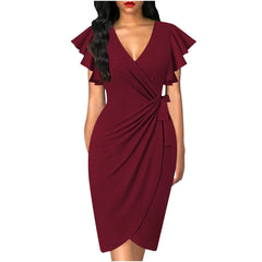 Summer Elegant Bodycom Dress Lady V - Neck Petal Sleeve Dress Solid Color Pleated Work Robe Clothes - SHOWLU FASHION STORE