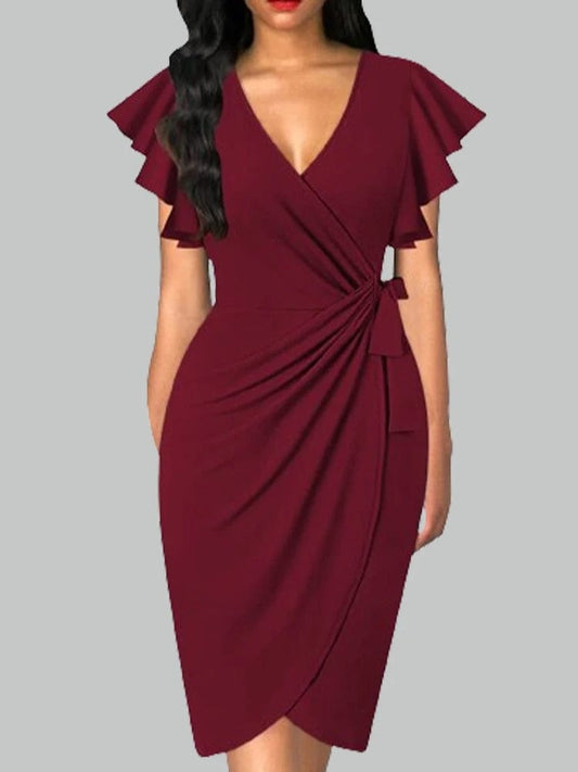 Summer Elegant Bodycom Dress Lady V - Neck Petal Sleeve Dress Solid Color Pleated Work Robe Clothes - SHOWLU FASHION STORE