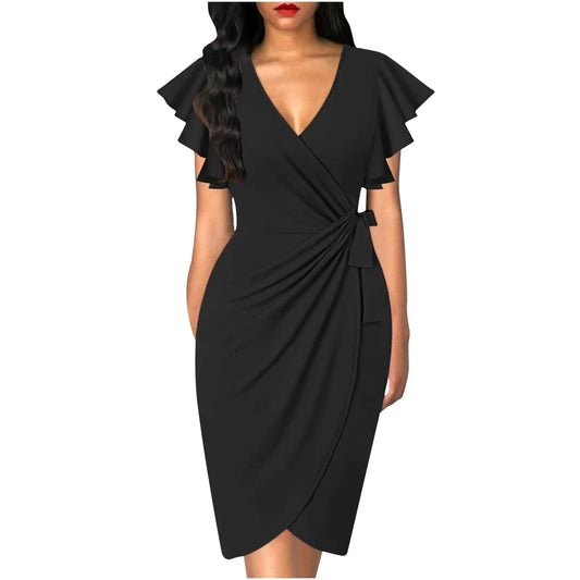 Summer Elegant Bodycom Dress Lady V - Neck Petal Sleeve Dress Solid Color Pleated Work Robe Clothes - SHOWLU FASHION STORE
