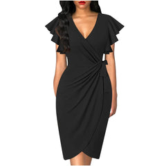 Summer Elegant Bodycom Dress Lady V - Neck Petal Sleeve Dress Solid Color Pleated Work Robe Clothes - SHOWLU FASHION STORE