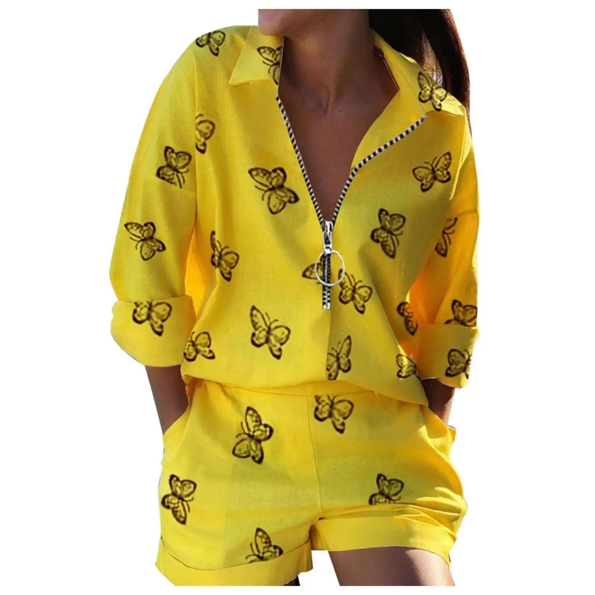 Summer New Suit Women's Top Lapel Long - sleeved Printed Zipper Shorts Two - piece Office Casual And Comfortable Suit - SHOWLU FASHION STORE
