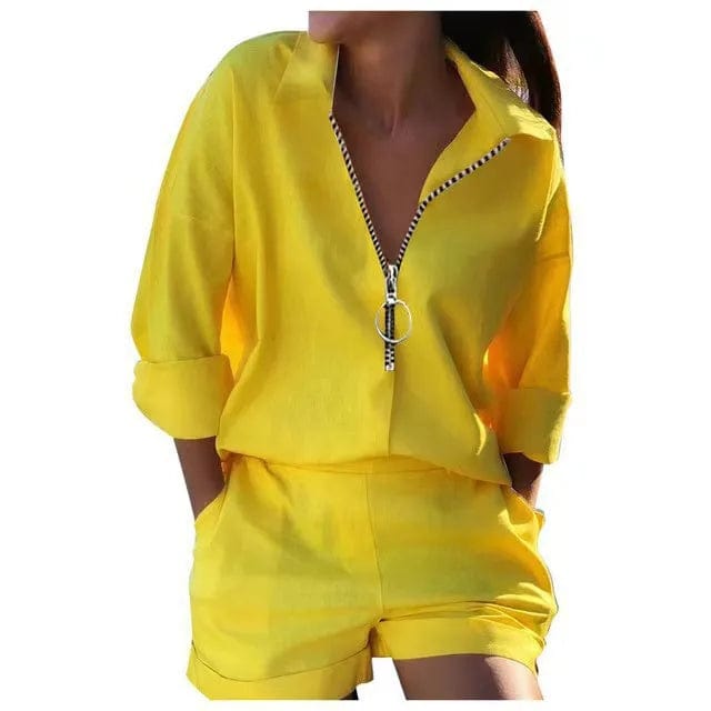 Summer New Suit Women's Top Lapel Long - sleeved Printed Zipper Shorts Two - piece Office Casual And Comfortable Suit - SHOWLU FASHION STORE