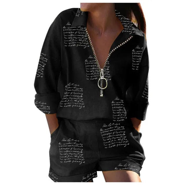 Summer New Suit Women's Top Lapel Long - sleeved Printed Zipper Shorts Two - piece Office Casual And Comfortable Suit - SHOWLU FASHION STORE