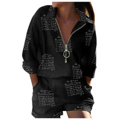 Summer New Suit Women's Top Lapel Long - sleeved Printed Zipper Shorts Two - piece Office Casual And Comfortable Suit - SHOWLU FASHION STORE