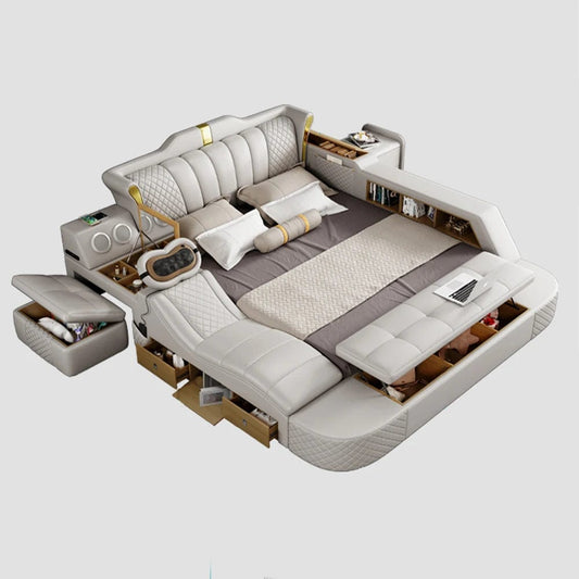Tech Smart Bed 2 People with King Size Bed Frame Queen, Genuine Leather, Massage, USB, Bluetooth Speaker, and Safe By MINGDIBAO - SHOWLU FASHION STORE