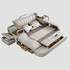 Tech Smart Bed 2 People with King Size Bed Frame Queen, Genuine Leather, Massage, USB, Bluetooth Speaker, and Safe By MINGDIBAO - SHOWLU FASHION STORE