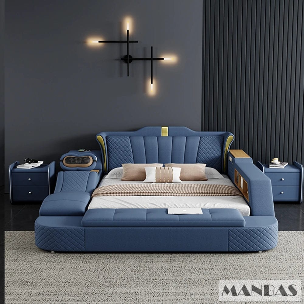Tech Smart Bed 2 People with King Size Bed Frame Queen, Genuine Leather, Massage, USB, Bluetooth Speaker, and Safe By MINGDIBAO - SHOWLU FASHION STORE