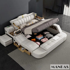 Tech Smart Bed 2 People with King Size Bed Frame Queen, Genuine Leather, Massage, USB, Bluetooth Speaker, and Safe By MINGDIBAO - SHOWLU FASHION STORE