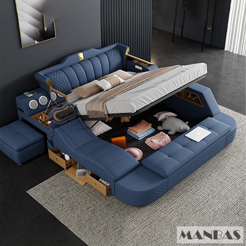 Tech Smart Bed 2 People with King Size Bed Frame Queen, Genuine Leather, Massage, USB, Bluetooth Speaker, and Safe By MINGDIBAO - SHOWLU FASHION STORE