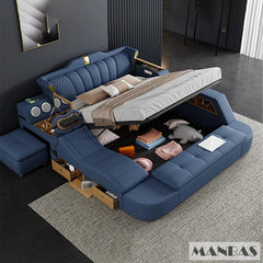 Tech Smart Bed 2 People with King Size Bed Frame Queen, Genuine Leather, Massage, USB, Bluetooth Speaker, and Safe By MINGDIBAO - SHOWLU FASHION STORE