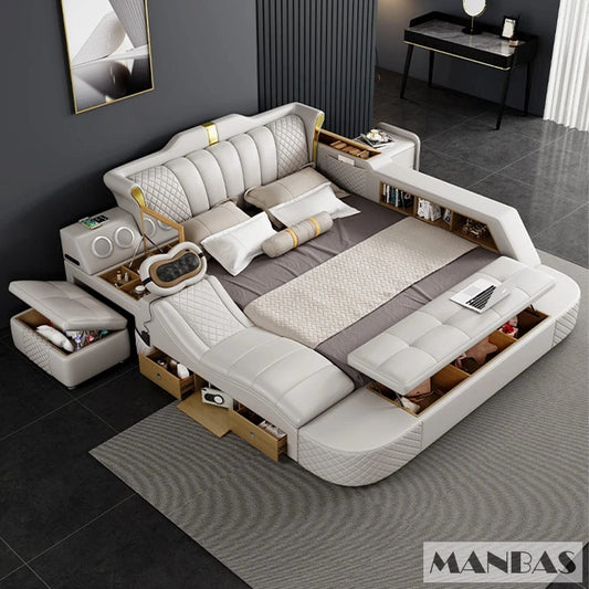 Tech Smart Bed 2 People with King Size Bed Frame Queen, Genuine Leather, Massage, USB, Bluetooth Speaker, and Safe By MINGDIBAO - SHOWLU FASHION STORE
