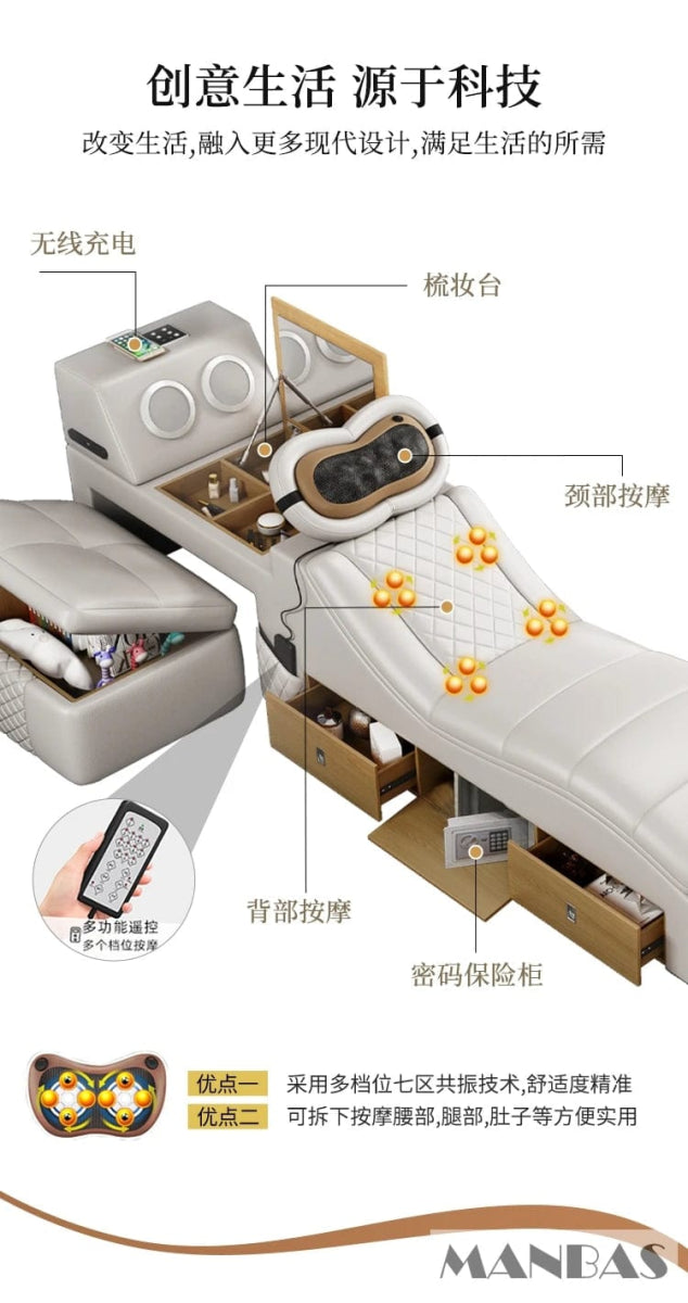 Tech Smart Bed 2 People with King Size Bed Frame Queen, Genuine Leather, Massage, USB, Bluetooth Speaker, and Safe By MINGDIBAO - SHOWLU FASHION STORE