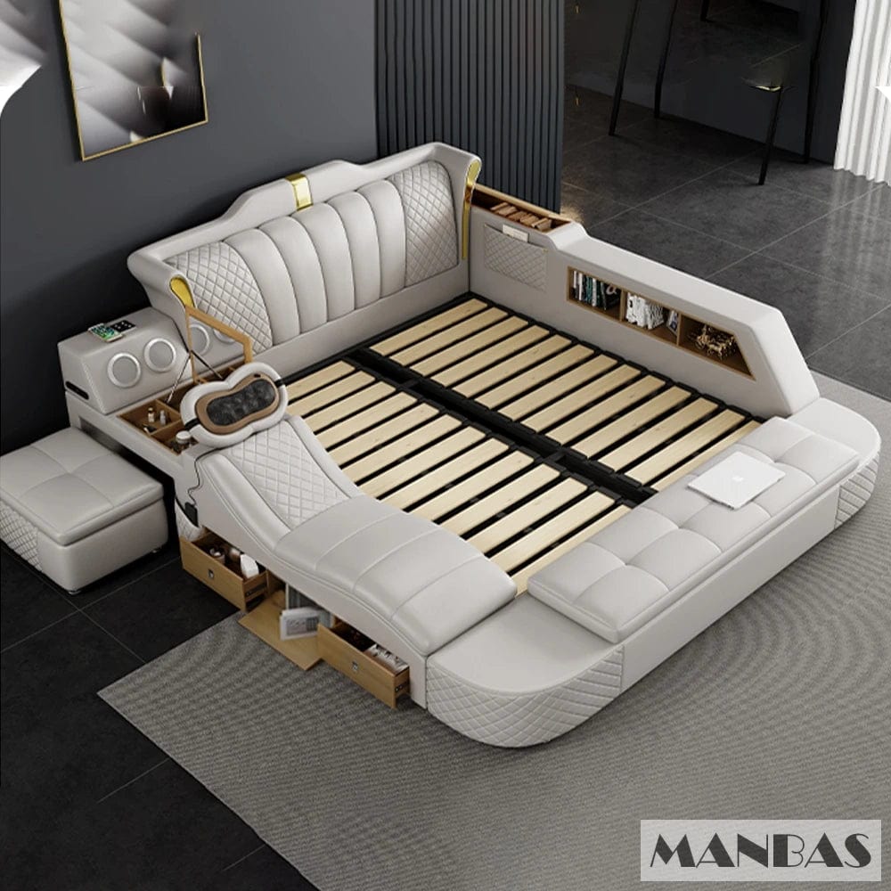 Tech Smart Bed 2 People with King Size Bed Frame Queen, Genuine Leather, Massage, USB, Bluetooth Speaker, and Safe By MINGDIBAO - SHOWLU FASHION STORE