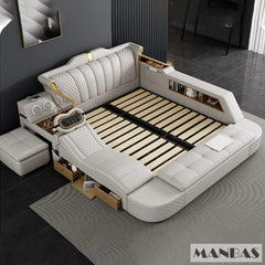 Tech Smart Bed 2 People with King Size Bed Frame Queen, Genuine Leather, Massage, USB, Bluetooth Speaker, and Safe By MINGDIBAO - SHOWLU FASHION STORE