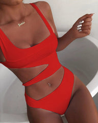 Triangle Nylon Chest Pad Summer Beach Swimsuit Solid Color Hollow - out Midriff Irregular Spaghetti - Strap Sexy One Piece Swimsuit - SHOWLU FASHION STORE