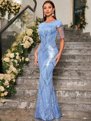 Unithorse Elegant Fringe Trim Mermaid Hem Sequin Prom Dress - SHOWLU FASHION STORE
