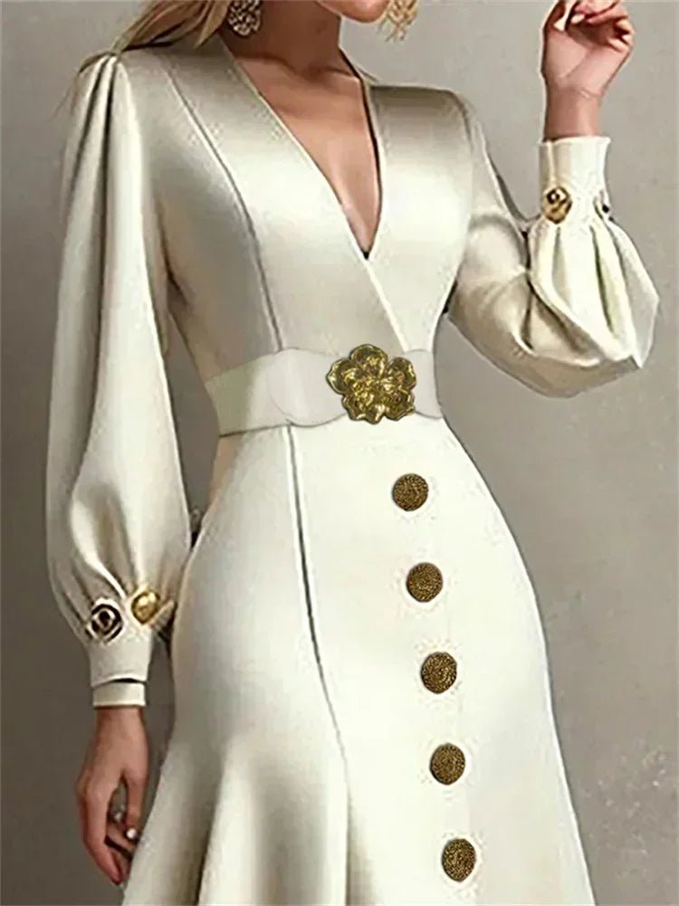 UOOZEE 2025 New Autumn Belted Elegant Party Evening Dresses Women Fashion Buttoned V - Neck Pleated Formal Banquet A - line Dress - SHOWLU FASHION STORE