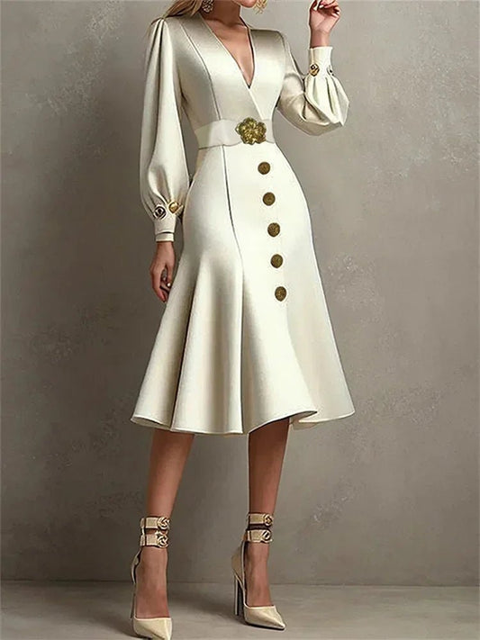 UOOZEE 2025 New Autumn Belted Elegant Party Evening Dresses Women Fashion Buttoned V - Neck Pleated Formal Banquet A - line Dress - SHOWLU FASHION STORE
