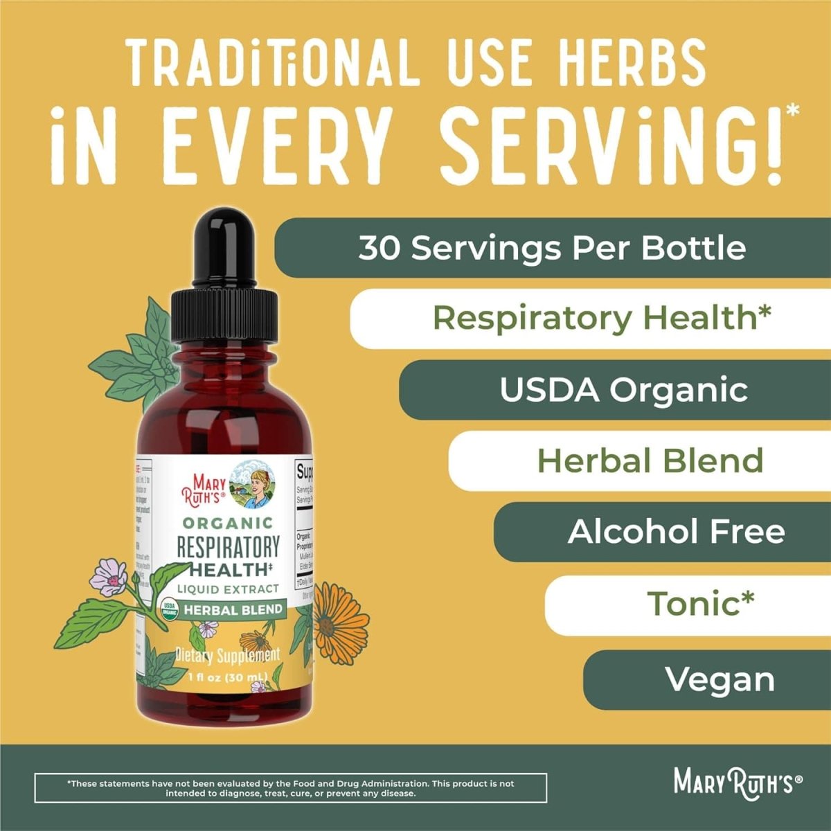 USDA Organic Respiratory Health Liquid Drops with Mullein Leaf | Marshmallow Root & Elderberry | Mullein Drops for Lungs Herbal Blend | Immune Support Supplement | Non - GMO | Vegan | 1 Fl Oz - SHOWLU FASHION STORE