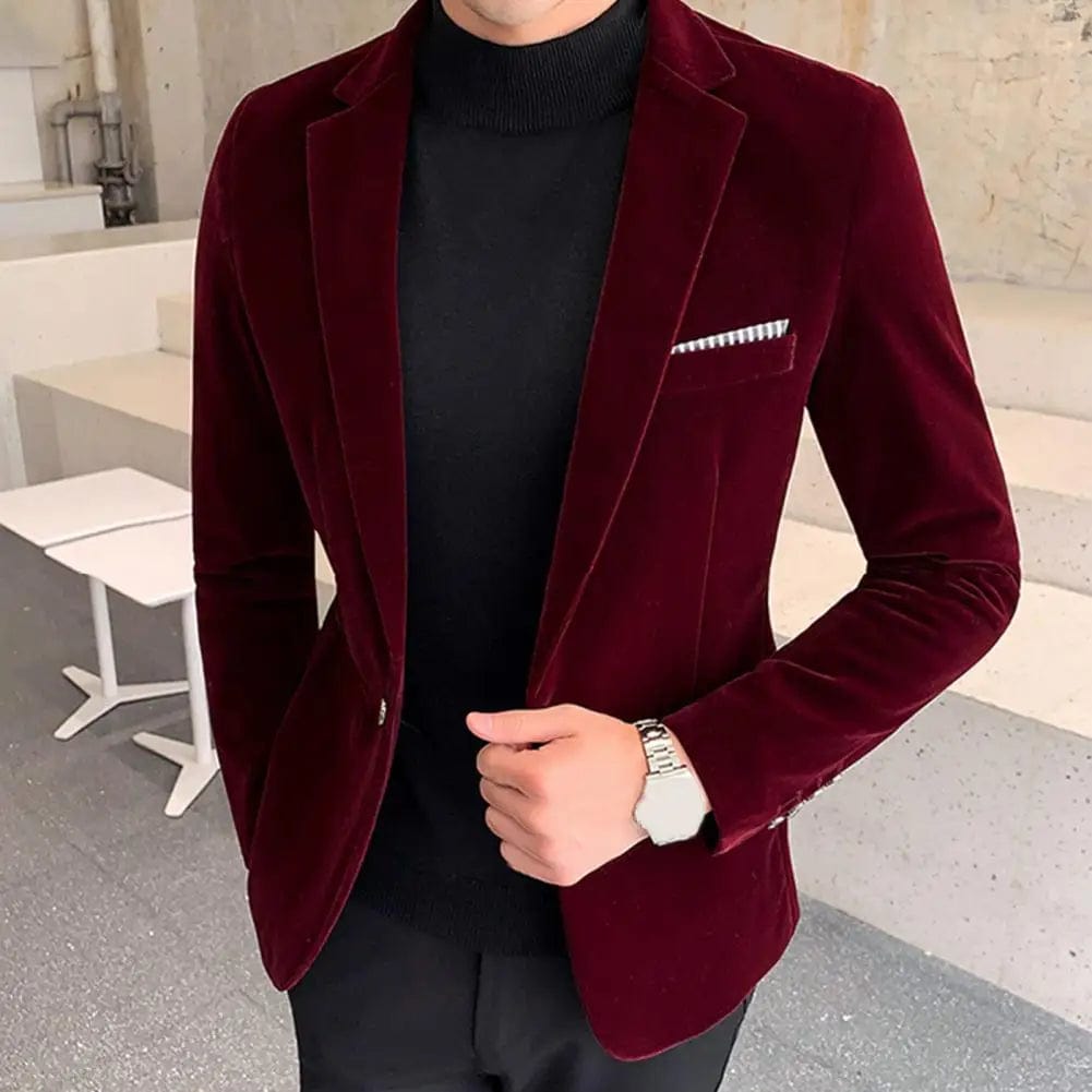 Velvet Men Blazer Temperament Turndown Collar Single Button Slim Fit Men Suit Coat Elegant Velvet Lining Male Formal Suit Jacket - SHOWLU FASHION STORE