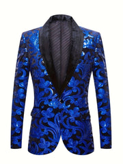 Velvet Shawl Collar Suit Jacket Blazer - Long Sleeve, Non - Stretch, Regular Fit, Polyester, Machine Washable, Random Floral Pattern, Perfect for Spring/Summer/Fall Parties - SHOWLU FASHION STORE