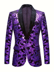 Velvet Shawl Collar Suit Jacket Blazer - Long Sleeve, Non - Stretch, Regular Fit, Polyester, Machine Washable, Random Floral Pattern, Perfect for Spring/Summer/Fall Parties - SHOWLU FASHION STORE