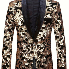 Velvet Shawl Collar Suit Jacket Blazer - Long Sleeve, Non - Stretch, Regular Fit, Polyester, Machine Washable, Random Floral Pattern, Perfect for Spring/Summer/Fall Parties - SHOWLU FASHION STORE