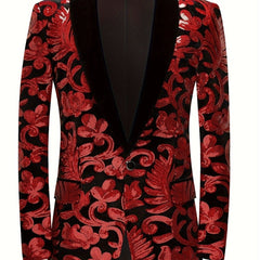 Velvet Shawl Collar Suit Jacket Blazer - Long Sleeve, Non - Stretch, Regular Fit, Polyester, Machine Washable, Random Floral Pattern, Perfect for Spring/Summer/Fall Parties - SHOWLU FASHION STORE