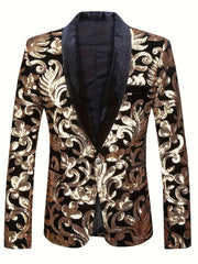 Velvet Shawl Collar Suit Jacket Blazer - Long Sleeve, Non - Stretch, Regular Fit, Polyester, Machine Washable, Random Floral Pattern, Perfect for Spring/Summer/Fall Parties - SHOWLU FASHION STORE