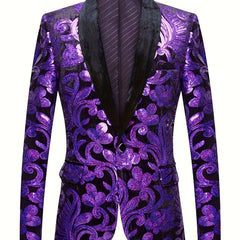 Velvet Shawl Collar Suit Jacket Blazer - Long Sleeve, Non - Stretch, Regular Fit, Polyester, Machine Washable, Random Floral Pattern, Perfect for Spring/Summer/Fall Parties - SHOWLU FASHION STORE