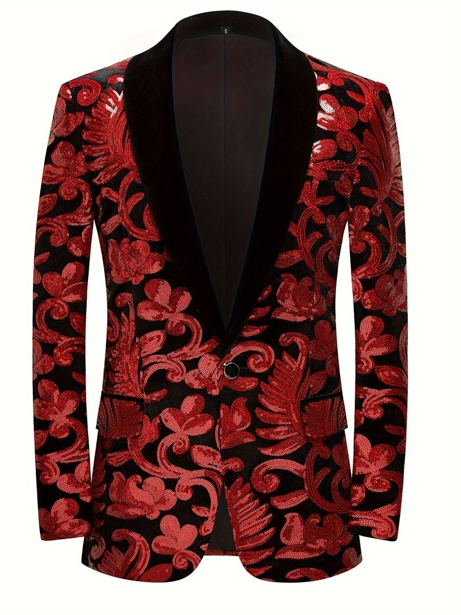 Velvet Shawl Collar Suit Jacket Blazer - Long Sleeve, Non - Stretch, Regular Fit, Polyester, Machine Washable, Random Floral Pattern, Perfect for Spring/Summer/Fall Parties - SHOWLU FASHION STORE