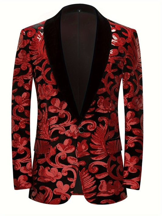 Velvet Shawl Collar Suit Jacket Blazer - Long Sleeve, Non - Stretch, Regular Fit, Polyester, Machine Washable, Random Floral Pattern, Perfect for Spring/Summer/Fall Parties - SHOWLU FASHION STORE