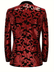 Velvet Shawl Collar Suit Jacket Blazer - Long Sleeve, Non - Stretch, Regular Fit, Polyester, Machine Washable, Random Floral Pattern, Perfect for Spring/Summer/Fall Parties - SHOWLU FASHION STORE