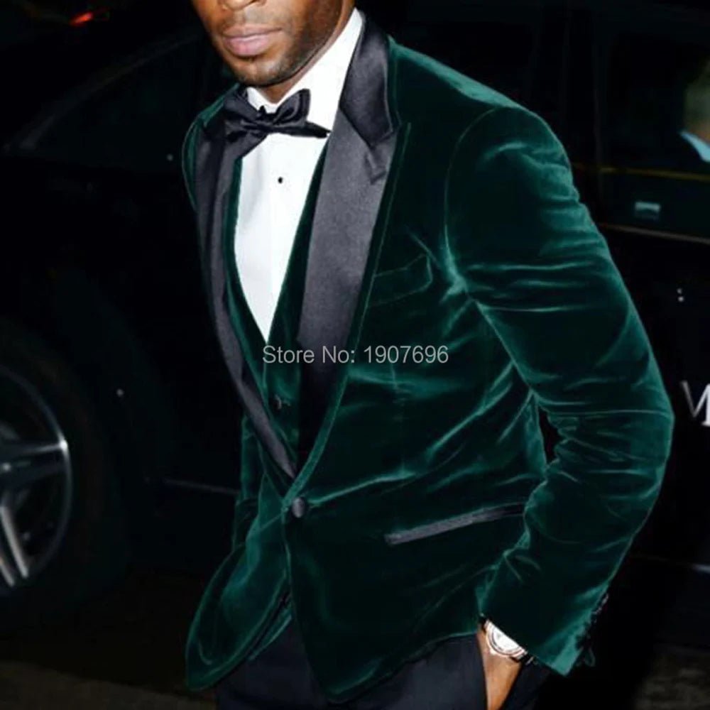 Velvet Slim Fit Men Suits For Prom With Black Peaked Lapel Dark Green Blazer 3 Piece Groom Wedding Tuxedo Male Fashion Stage - SHOWLU FASHION STORE