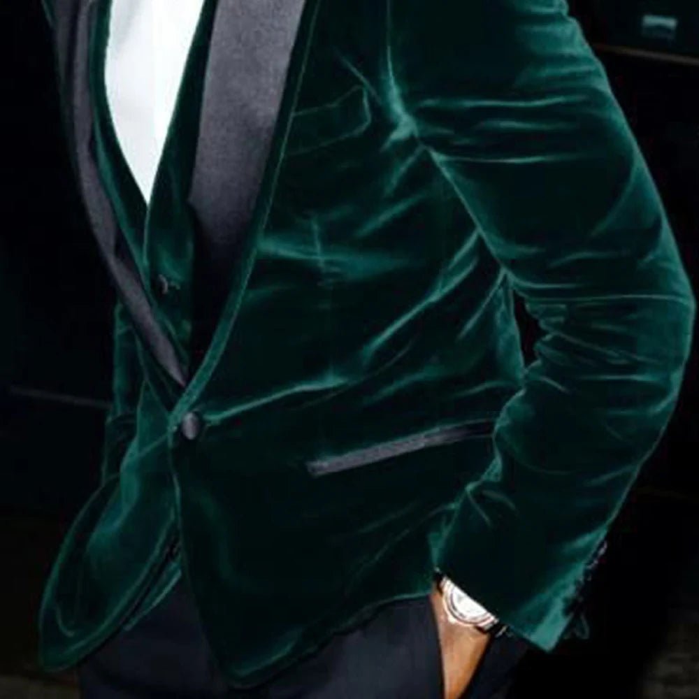 Velvet Slim Fit Men Suits For Prom With Black Peaked Lapel Dark Green Blazer 3 Piece Groom Wedding Tuxedo Male Fashion Stage - SHOWLU FASHION STORE