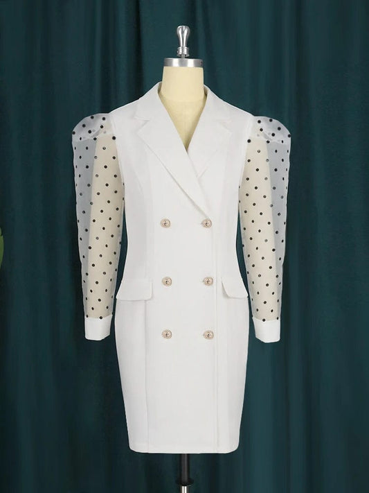 White Blazer Dress Plus Size 4XL V Neck See Through Long Sleeve High Waist Bodycon Button Up Mini Outfits for Women Office Party - SHOWLU FASHION STORE