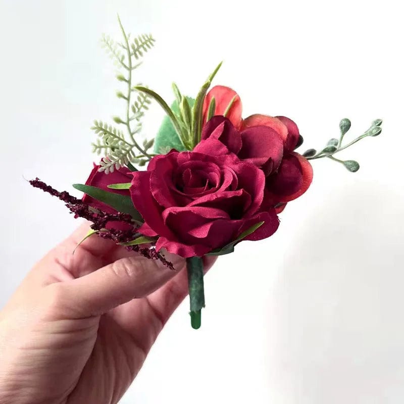 White Boutonniere Wedding Corsage Flowers Artificial Red Rose Bracelet for Bridesmaid Men Buttonhole Guests Marriage Accessories - SHOWLU FASHION STORE