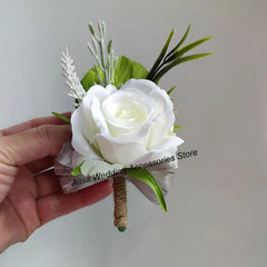 White Boutonniere Wedding Corsage Flowers Artificial Red Rose Bracelet for Bridesmaid Men Buttonhole Guests Marriage Accessories - SHOWLU FASHION STORE