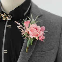White Boutonniere Wedding Corsage Flowers Artificial Red Rose Bracelet for Bridesmaid Men Buttonhole Guests Marriage Accessories - SHOWLU FASHION STORE