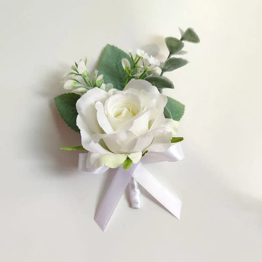 White Boutonniere Wedding Corsage Flowers Artificial Red Rose Bracelet for Bridesmaid Men Buttonhole Guests Marriage Accessories - SHOWLU FASHION STORE