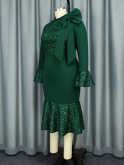Women Autumn Winter Green Vintage Christmas Party Dress High Neck Bow Long Sleeve Glitter Patchwork Slim Fit Gowns Formal Event - SHOWLU FASHION STORE