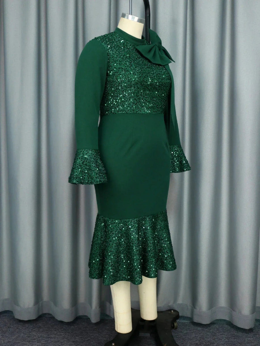 Women Autumn Winter Green Vintage Christmas Party Dress High Neck Bow Long Sleeve Glitter Patchwork Slim Fit Gowns Formal Event - SHOWLU FASHION STORE