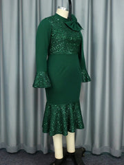 Women Autumn Winter Green Vintage Christmas Party Dress High Neck Bow Long Sleeve Glitter Patchwork Slim Fit Gowns Formal Event - SHOWLU FASHION STORE