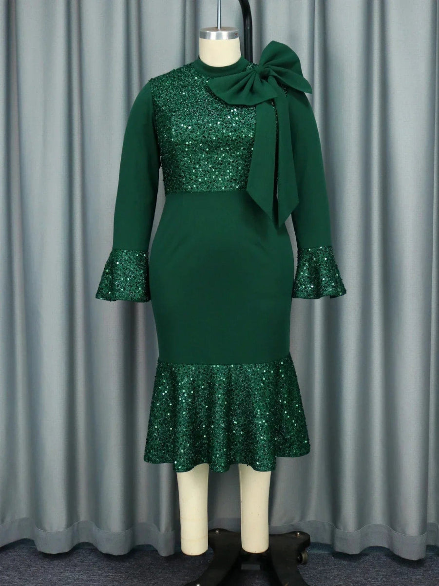 Women Autumn Winter Green Vintage Christmas Party Dress High Neck Bow Long Sleeve Glitter Patchwork Slim Fit Gowns Formal Event - SHOWLU FASHION STORE