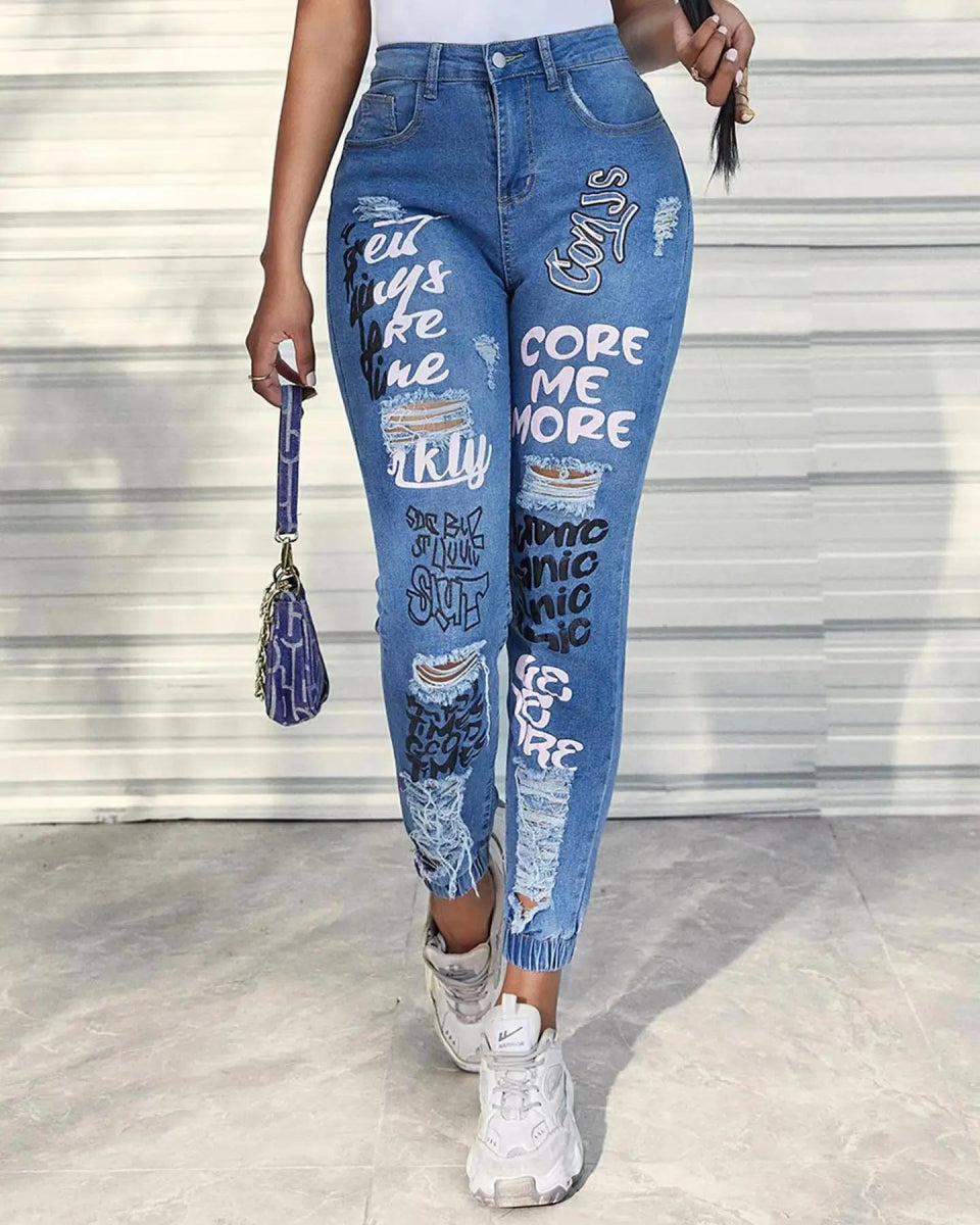 Women Denim Jeans Ankle Length Print Holes Pencil Pants Pockets Washing Slim Basics Zipper Fly Spring Flat Slight Strech - SHOWLU FASHION STORE
