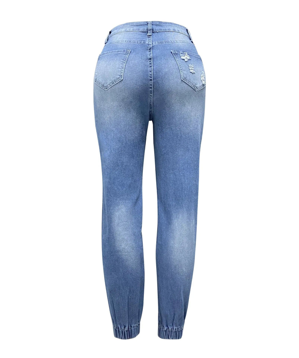 Women Denim Jeans Ankle Length Print Holes Pencil Pants Pockets Washing Slim Basics Zipper Fly Spring Flat Slight Strech - SHOWLU FASHION STORE